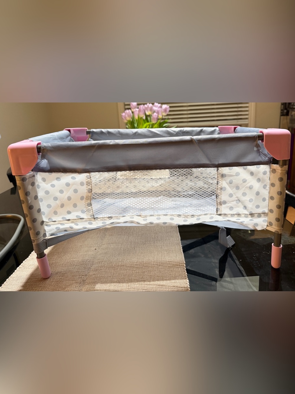 Portable Gray and Pink Doll Playpen - Kids Toys Accessory